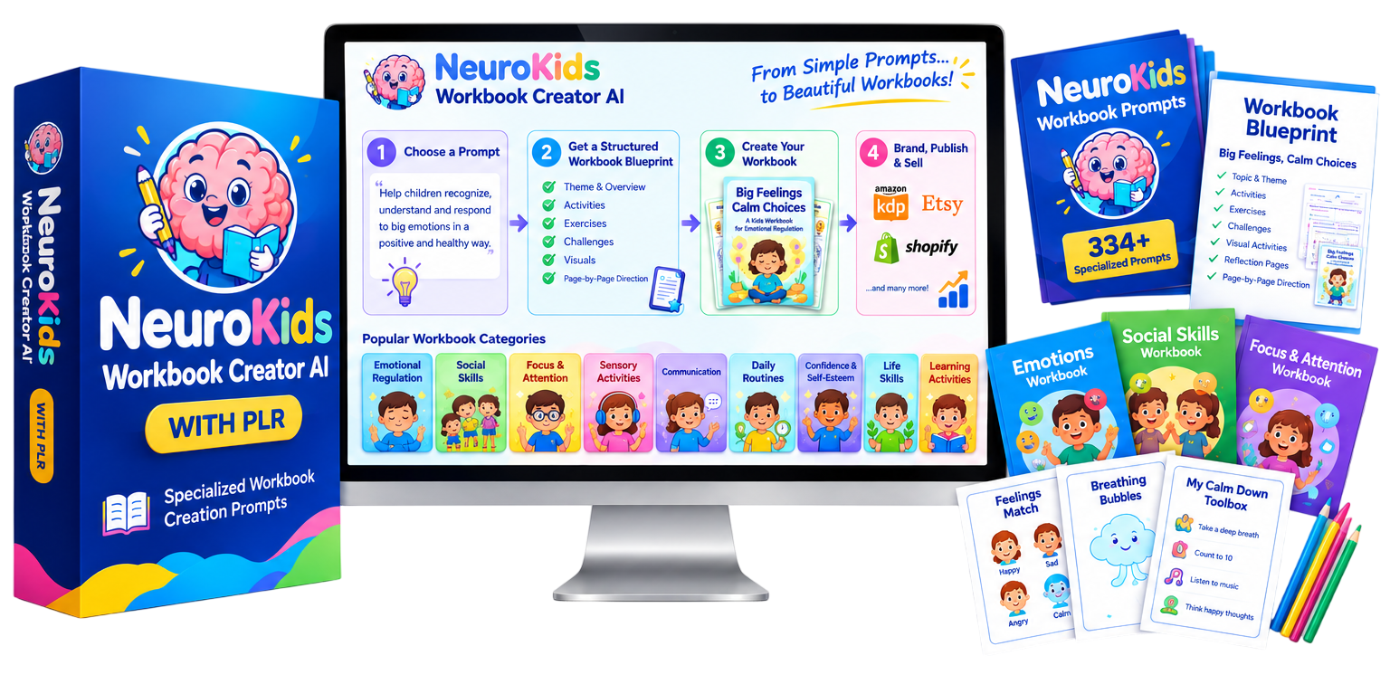 Children's activity workbook pages made with NeuroKids prompts